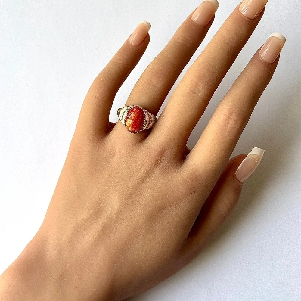 Red Spiny Oyster Navajo Band Sz 9 Ring 15mm Signed ML Handmade Native American
